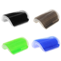 Four Cat Self Groomer Corner Brush products in black, brown, green, and blue colors with flexible bristles.