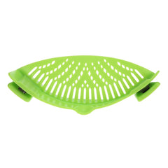 Green Silicone Kitchen Snap N Strain Filter with perforated design for straining and snapping onto kitchen containers or sinks.