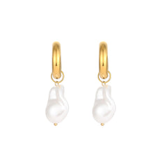 Gold hoop earrings with irregular white pearl drops, elegant and minimalist Water Drop Earrings design