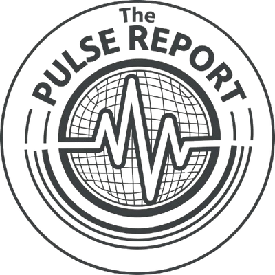 Circular black and white logo with a world globe and heartbeat line for the @Pulse Report Broadcasting Live Collection