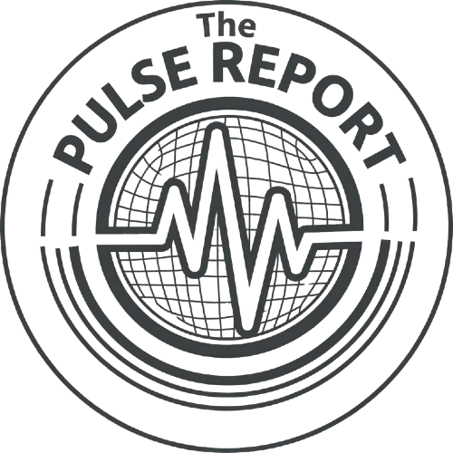 Circular logo with a globe and heartbeat line, text reading The Pulse Report in a retro design style.