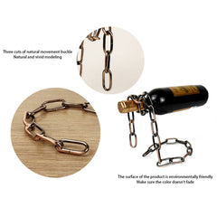 Magic Iron Chain Wine Bottle Holder displaying chain links holding a wine bottle with close-up on metal texture and finish.