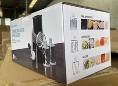 White and black box packaging showing Kitchen Manual Grater with different shredding and slicing options on side panel.
