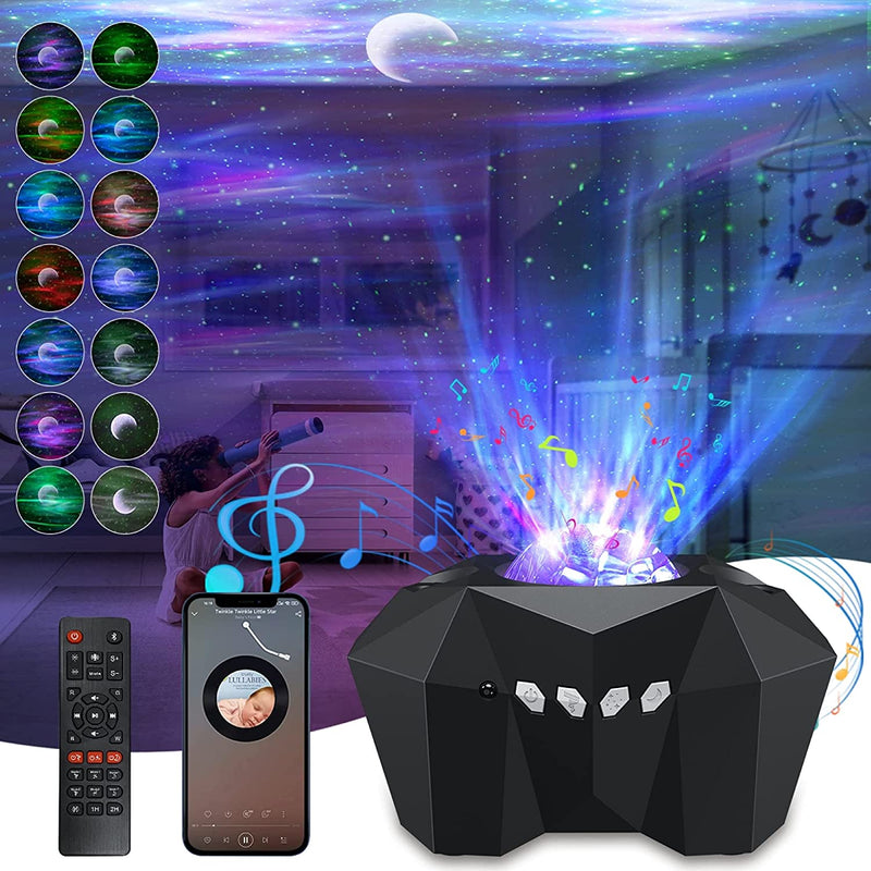 Northern Lights Star Projector showing colorful night sky effects with music notes, remote, and smartphone control features.