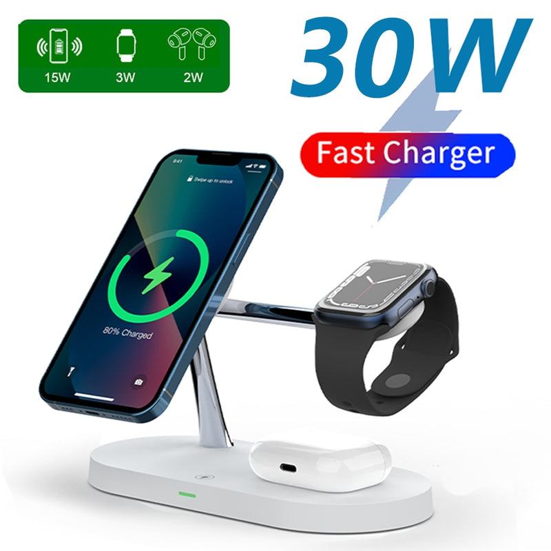 3-in-1 Wireless Magsafe Charger Stand displaying phone, smartwatch, and earbuds charging with 30W fast charging