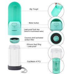 Portable Dog Drinker Bottle with big trough, water button, leak-proof lock, carbon filter, and silicone seal ring.