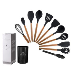 Set of kitchen utensils including Non Stick Pot Spatula And Spoon with wooden handles and black silicone heads