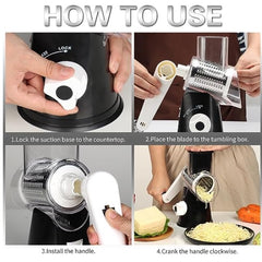 Step-by-step usage of the Kitchen Manual Grater showing locking, blade placement, handle installation, and grating cheese.