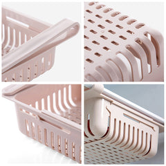 Close-up views of a pink plastic Shelf Kitchen Organizer showing vented sides and a handle for easy hanging.