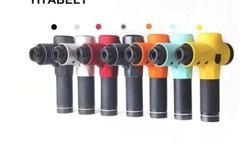 Seven tissue muscle massage guns in various colors including black, red, orange, blue, and yellow, lined up in a row.