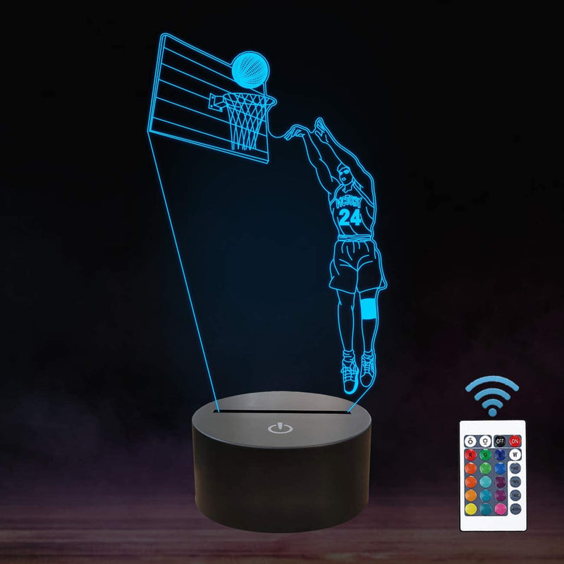 Basketball 3D Lamp showing a player dunking the ball with a remote control and black base against a dark background
