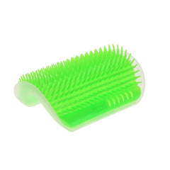 Cat Self Groomer Corner Brush in bright green with soft flexible bristles for easy cat grooming and scratching relief.