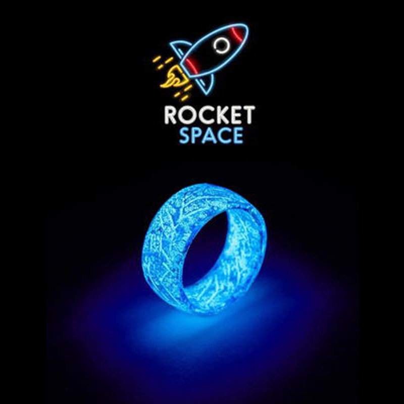 Unisex Luminous Rings glowing blue with textured surface under a black background and rocket space logo above.