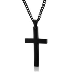Black polished metal cross pendant hanging on matching chain for Cross Necklace