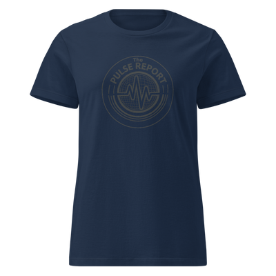 @Pulse Report Women's Basic Softstyle T-Shirt | Gildan 64000L in navy blue with a subtle pulse report logo design on the front