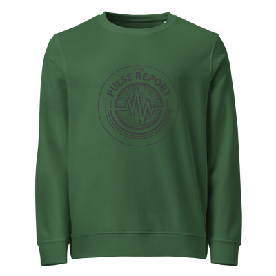 Green organic sweatshirt featuring a circular pulse logo on the chest, 