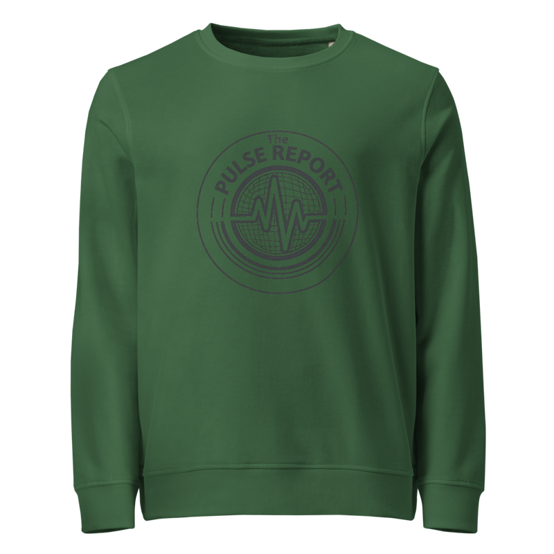 Green organic sweatshirt featuring a circular pulse logo on the chest, 