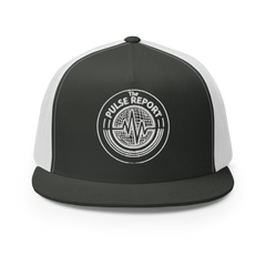 Black and white mesh trucker cap with pulse logo embroidery on front, @Pulse Report 5 Panel Trucker Cap | Yupoong 6006