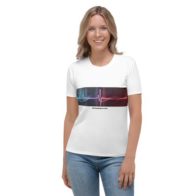 Woman wearing a white @Pulse Report All-Over Print Women's Crew Neck T-Shirt with a heartbeat graphic across the chest