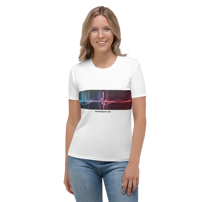 Woman wearing a white @Pulse Report All-Over Print Women's Crew Neck T-Shirt with a heartbeat graphic across the chest