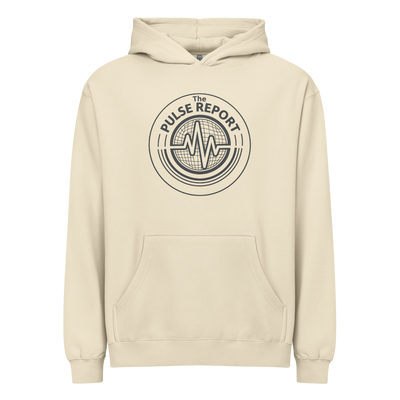 Cream-colored hoodie with front pocket and circular Pulse Report graphic on chest, 