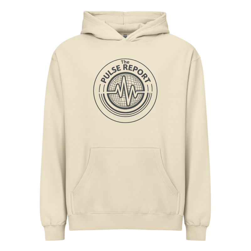 Cream-colored hoodie with front pocket and circular Pulse Report graphic on chest, 