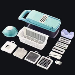 Vegetable Chopper Kitchen with multiple interchangeable blades, container, and safety hand guard in white and blue colors.