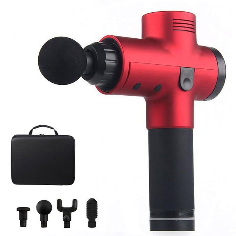 Red Tissue Muscle Massage gun with black handle, four interchangeable heads, and a black carrying case.