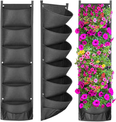 Vertical Hanging Garden Flower Pots in black fabric with multiple pockets, shown empty and filled with colorful flowers.