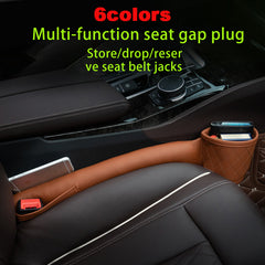 Leather Car Seat Gap Filler installed between car seat and console, holding phone and small items in brown leather.