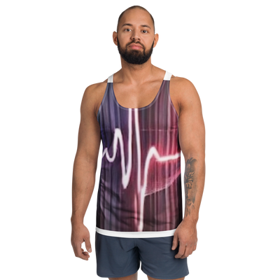 Man wearing @Pulse Report All-Over Print Men's Tank Top with heartbeat graphic in red and purple tones