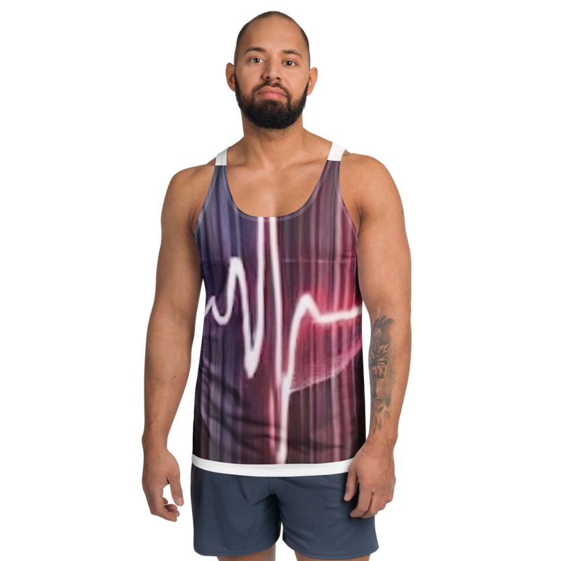 Man wearing @Pulse Report All-Over Print Men's Tank Top with heartbeat graphic in red and purple tones