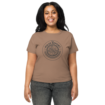 Woman wearing a brown graphic tee with heartbeat design and text, 