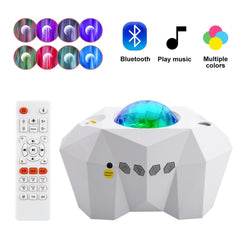 Northern Lights Star Projector with remote, Bluetooth, music play, and multiple color light options on white geometric base