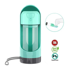 Portable Dog Drinker Bottle in teal with a built-in bowl, BPA free, FDA approved, and lead-free safe design.