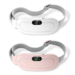 Two adjustable abdominal massage belts in white and pink with digital display screens and elastic straps.
