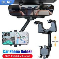 360° Rotatable Smart Phone Car Holder attached to rearview mirror holding a phone with navigation displayed