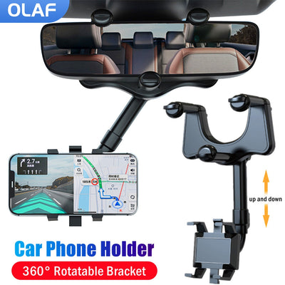 360° Rotatable Smart Phone Car Holder attached to rearview mirror holding a phone with navigation displayed