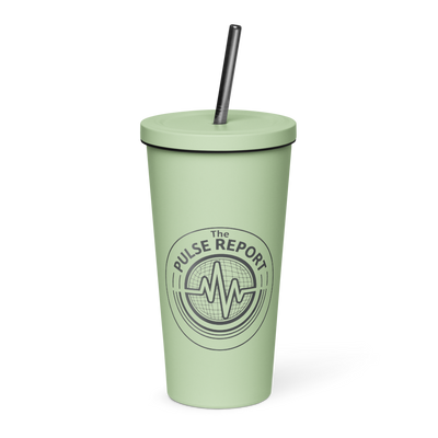 Green insulated tumbler with a black straw featuring The Pulse Report logo, @Pulse Report Insulated Tumbler with a Straw