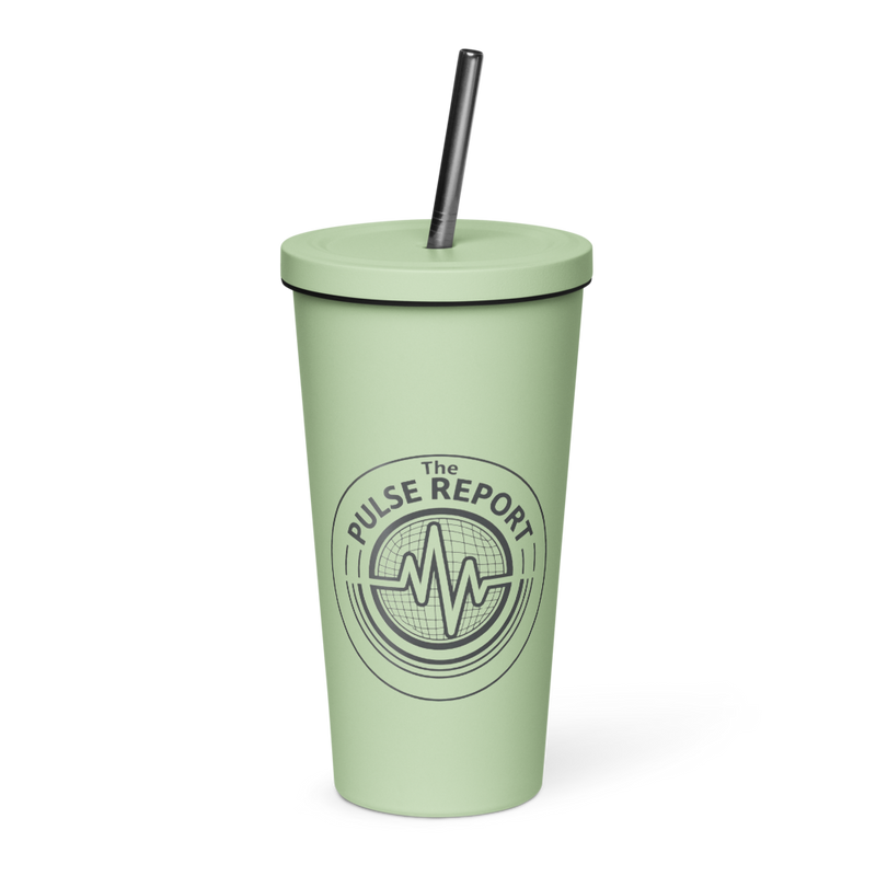 Green insulated tumbler with a black straw featuring The Pulse Report logo, @Pulse Report Insulated Tumbler with a Straw