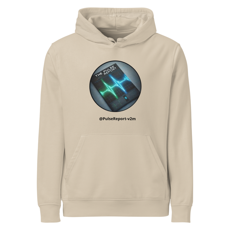 @PulseReport-v2m Unisex Organic Mid-Weight Hoodie | Stanley/Stella SASU009 beige hoodie with digital heartbeat graphic on front