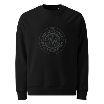 Black sweatshirt featuring a subtle circular graphic with heartbeat design and text The Pulse Report on front, @Pulse Report Unisex Organic Sweatshirt | Stanley/Stella SASU004