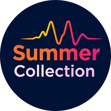 Colorful heartbeat line above the words Summer Collection in gradient orange and pink on dark blue background
