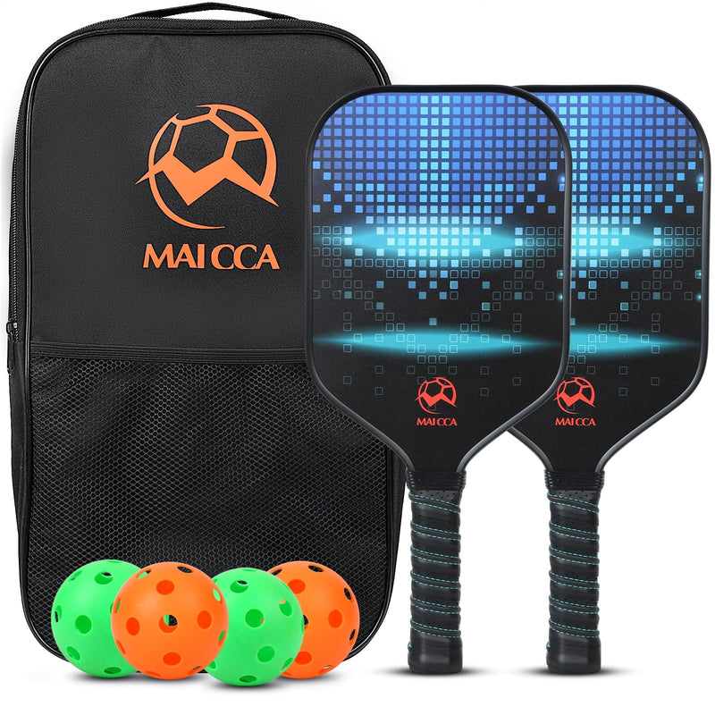 Pickleball Paddle Set with two black and blue paddles, four balls, and a black carrying case with orange logo.