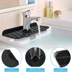 Black soft foldable Kitchen Faucet Mat installed under faucet to prevent water leakage and protect sink area from spills