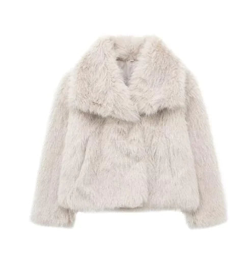 Women's Faux Fox Fur Coat in soft light beige with a wide collar and plush texture for winter fashion.