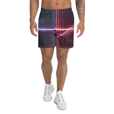Man wearing @ Pulse Report All-Over Print Unisex Athletic Long Shorts with abstract digital line design in dark colors