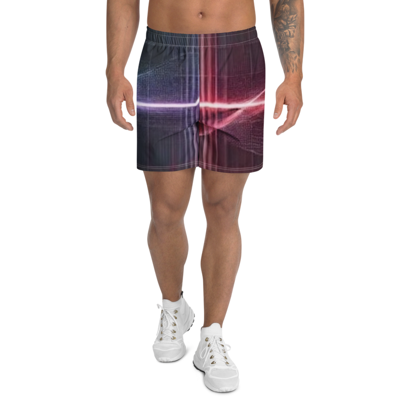 Man wearing @ Pulse Report All-Over Print Unisex Athletic Long Shorts with abstract digital line design in dark colors