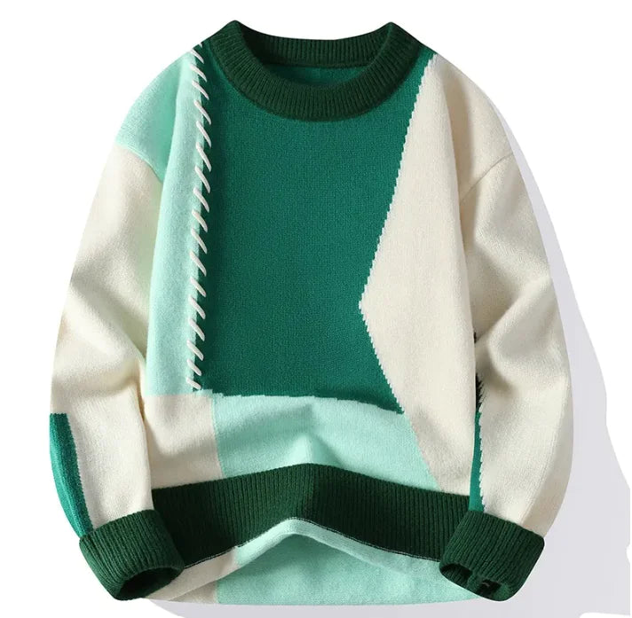 Vintage Men's Color Block Knit Sweater in green, cream, and light blue with stitched detailing and ribbed cuffs and hem.