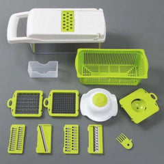 Vegetable Chopper Kitchen with multiple interchangeable blades, slicer, grater, and storage basket in white and green.